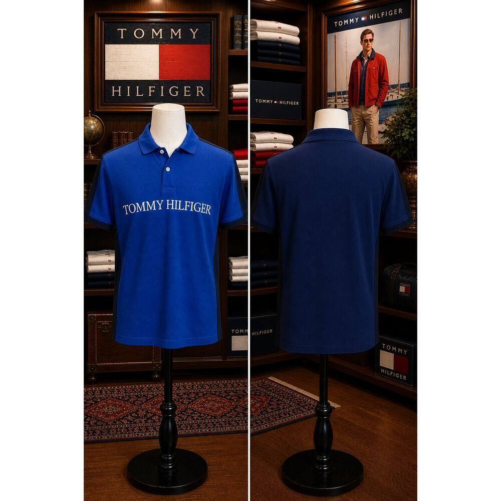 Tommy Hilfiger Spellout Polo Shirt Blue Short Sleeve Men’s Small